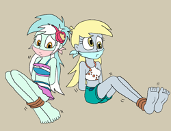 Size: 1406x1080 | Tagged: safe, artist:bugssonicx, imported from derpibooru, derpy hooves, lyra heartstrings, equestria girls, ankle tied, arm behind back, barefoot, bondage, bound and gagged, cloth gag, clothes, duo, feet, gag, help us, soles, swimsuit, tied up