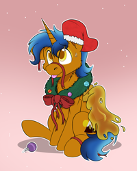 Size: 1784x2232 | Tagged: safe, artist:rokosmith26, imported from derpibooru, oc, oc only, oc:gooey, goo, goo pony, original species, pony, bow, cheek fluff, chest fluff, christmas, christmas stocking, christmas wreath, commission, floppy ears, gradient background, holiday, horn, looking up, male, one ear down, raised hoof, ribbon, simple background, sitting, smiling, solo, stallion, sweat, sweatdrop, tail, tongue out, transparent wings, wings, wreath, ych result