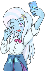 Size: 516x800 | Tagged: safe, artist:batipin, imported from derpibooru, trixie, equestria girls, breasts, clothes, cute, cute little fangs, fangs, female, one eye closed, open mouth, phone, school uniform, selfie, simple background, skirt, solo, transparent background