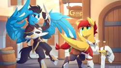 Size: 3840x2160 | Tagged: safe, artist:strafe blitz, imported from derpibooru, flash magnus, oc, oc:enduro elite, pegasus, pony, armor, barrel, high res, male, stallion, sword, weapon