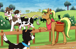 Size: 1900x1222 | Tagged: safe, artist:inuhoshi-to-darkpen, imported from derpibooru, daisy jo, oc, oc only, oc:dottie, oc:willow wisp, cow, dog, earth pony, pony, apple, bandana, basket, border collie, bush, collar, cottagecore, cow oc, earth pony oc, fence, flower, food, implied interspecies, implied lesbian, looking at someone, looking at something, nudity, parent:apple fritter, parent:daisy jo, parent:meadow song, parents:meadowfritter, sweet apple acres, tongue out, udder