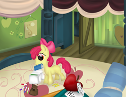 Size: 2199x1694 | Tagged: safe, artist:ariah101, imported from derpibooru, apple bloom, earth pony, pony, bag, bed, blank flank, female, filly, mouth hold, pencil, saddle bag, solo