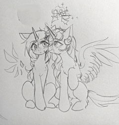 Size: 879x920 | Tagged: safe, imported from derpibooru, oc, oc only, oc:diana melody, oc:yuna hala, alicorn, pony, unicorn, alicorn oc, christmas, female, grayscale, holiday, holly, holly mistaken for mistletoe, horn, mare, monochrome, traditional art, wings