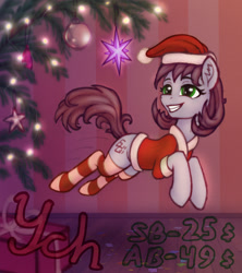 Size: 900x1013 | Tagged: safe, artist:eltaile, imported from derpibooru, pony, advertisement, christmas, christmas tree, clothes, commission, costume, hat, holiday, santa costume, santa hat, socks, solo, stockings, striped socks, thigh highs, tree, your character here