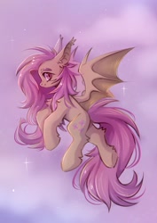 Size: 2480x3508 | Tagged: safe, artist:arisuyukita, imported from derpibooru, fluttershy, bat pony, pony, bat ponified, fangs, female, flutterbat, flying, high res, race swap, red eyes, side view, simple background, solo, sparkles