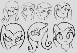 Size: 2388x1668 | Tagged: safe, artist:solid shrimp, imported from derpibooru, fluttershy, pegasus, pony, angry, bust, cute, facial expressions, monochrome, one eye closed, sketch, sketch dump, smiling, wink