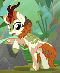 Size: 983x1202 | Tagged: safe, artist:anonymous, imported from derpibooru, autumn blaze, kirin, d:, eye color change, human to kirin, leaning, looking back, open mouth, show accurate, solo, transformation