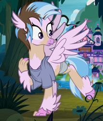 Size: 1030x1204 | Tagged: safe, artist:anonymous, imported from derpibooru, silverstream, classical hippogriff, hippogriff, clothes, human to hippogriff, jewelry, necklace, school of friendship, shirt, shorts, show accurate, solo, transformation, waterfall