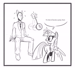 Size: 5544x5088 | Tagged: safe, artist:anonymous, imported from derpibooru, twilight sparkle, oc, oc:anon, alicorn, human, pony, black and white, butt, clock, drawthread, grayscale, human to pony, hypnosis, levitation, magic, monochrome, pendulum swing, plot, speech bubble, telekinesis, transformation, twilight sparkle (alicorn)