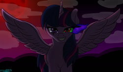 Size: 1280x754 | Tagged: safe, artist:inarios, imported from derpibooru, twilight sparkle, alicorn, pony, corrupted, dark, evil twilight, female, grin, mare, smiling, solo, sombra eyes, spread wings, twilight sparkle (alicorn), wings