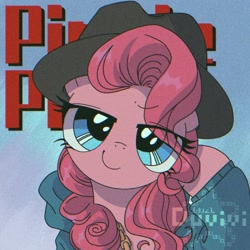 Size: 2000x2000 | Tagged: safe, artist:duvivi, imported from derpibooru, pinkie pie, earth pony, pony, testing testing 1-2-3, chains, eye clipping through hair, fedora, female, front view, full face view, hat, head tilt, high res, lidded eyes, looking at you, mare, rapper pie, smiling, solo