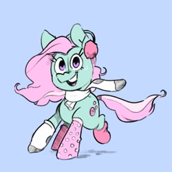 Size: 1389x1389 | Tagged: safe, artist:kylesmeallie, imported from derpibooru, minty, earth pony, pony, blue background, clothes, earmuffs, looking at you, open mouth, open smile, scarf, simple background, smiling, smiling at you, socks, solo