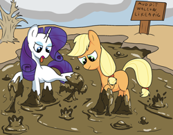 Size: 1800x1400 | Tagged: safe, alternate version, artist:amateur-draw, imported from derpibooru, applejack, rarity, earth pony, pony, unicorn, covered in mud, female, lesbian, mare, mud, mud bath, mud play, mud pony, muddy, quicksand, rarijack, shipping, sign, wet and messy