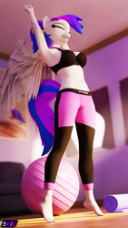 Size: 2160x3840 | Tagged: safe, artist:shadowboltsfm, imported from derpibooru, oc, oc:inkwell stylus, anthro, pegasus, plantigrade anthro, 3d, 4k, alternate hairstyle, barefoot, blender, bra, breasts, clothes, crop top bra, cute, eyes closed, feet, heel pop, high res, nail polish, not sfm, pants, ponytail, smiling, solo, stretching, underwear, wings, yoga pants