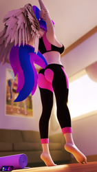 Size: 2160x3840 | Tagged: safe, artist:shadowboltsfm, imported from derpibooru, oc, oc:inkwell stylus, anthro, pegasus, plantigrade anthro, 3d, 4k, alternate hairstyle, barefoot, blender, bra, breasts, clothes, crop top bra, feet, heel pop, high res, implied wing hole, nail polish, not sfm, pants, ponytail, sideboob, solo, stretching, underwear, wings, yoga pants