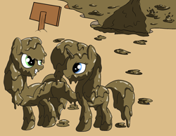 Size: 1800x1400 | Tagged: safe, alternate version, artist:amateur-draw, imported from derpibooru, applejack, rarity, earth pony, pony, unicorn, covered in mud, female, hoofbump, lesbian, mare, mud, mud bath, mud play, mud pony, muddy, quicksand, rarijack, shipping, sign, wet and messy