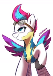 Size: 1240x1754 | Tagged: safe, artist:maren, imported from derpibooru, zipp storm, pegasus, pony, clothes, female, g5, mare, my little pony: a new generation, raised hoof, simple background, solo, uniform, white background, wonderbolts uniform