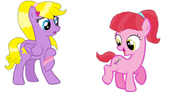 Size: 4368x2464 | Tagged: safe, artist:lnlaarts, imported from derpibooru, oc, oc only, oc:starry wishes, unnamed oc, earth pony, pegasus, pony, base used, blue eyes, bracelet, duo, duo female, female, filly, foal, folded wings, jewelry, looking at someone, looking back, mane, mare, ponytail, raised hoof, simple background, smiling, standing, tail, transparent background, two toned mane, two toned tail, wings, yellow eyes