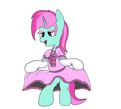 Size: 2000x1800 | Tagged: safe, artist:amateur-draw, imported from derpibooru, oc, oc only, oc:belle boue, pony, unicorn, bipedal, clothes, crossdressing, dress, dress lift, evening gloves, gloves, latex, long gloves, maid, makeup, male, simple background, sissy, solo, stallion, white background