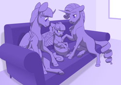 Size: 3508x2480 | Tagged: safe, artist:jackiebloom, imported from derpibooru, rarity, twilight sparkle, oc, oc:twilight moonstone, alicorn, pony, comic:...stay?, female, filly, high res, magical lesbian spawn, monochrome, offspring, parent:rarity, parent:twilight sparkle, parents:rarilight, twilight sparkle (alicorn)