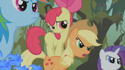 Size: 1920x1080 | Tagged: safe, imported from derpibooru, screencap, apple bloom, applejack, rainbow dash, rarity, earth pony, pegasus, pony, unicorn, bridle gossip, season 1, apple bloom riding applejack, cute, everfree forest, female, filly, frown, glare, mare, open mouth, poison joke, ponies riding ponies, riding, sad, tree