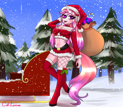 Size: 2672x2326 | Tagged: safe, artist:cali luminos, imported from derpibooru, oc, oc only, oc:aine, anthro, unicorn, avatar, bag, candy, candy cane, christmas, female, food, high res, holiday, present, profile, sled, snow, snowfall, solo, tree