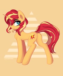 Size: 2500x3000 | Tagged: safe, artist:stravy_vox, imported from derpibooru, sunset shimmer, pony, unicorn, equestria girls, abstract background, bunset shimmer, butt, eyebrows, eyebrows visible through hair, eyelashes, female, high res, horn, looking at you, looking back, looking back at you, mare, plot, signature, smiling, solo, spread legs, spreading, tail, tail aside, triangle