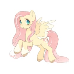 Size: 2000x2000 | Tagged: safe, artist:nyashkaa228, imported from derpibooru, fluttershy, pegasus, pony, aside glance, blushing, coat markings, colored hooves, colored wings, female, high res, looking at you, mare, simple background, smiling, socks (coat markings), solo, spread wings, three quarter view, two toned wings, unshorn fetlocks, white background, wings