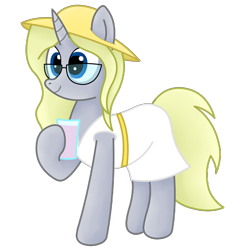 Size: 2876x2900 | Tagged: safe, artist:rainbowšpekgs, imported from derpibooru, oc, oc only, oc:silver bullet, pony, unicorn, derpibooru community collaboration, 2022 community collab, clothes, dress, female, glass, glasses, hat, high res, juice, lemonade, mare, simple background, solo, standing, sundress, transparent background