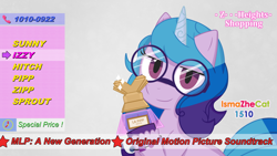 Size: 1920x1080 | Tagged: safe, artist:ismazhecat, imported from derpibooru, izzy moonbow, pony, unicorn, g5, glasses, k-pop, looking at you, my little pony: a new generation, parfum la pipp, solo