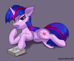 Size: 1280x1059 | Tagged: safe, artist:exploretheweb, imported from derpibooru, twilight sparkle, pony, unicorn, book, c, eye clipping through hair, eyebrows, eyebrows visible through hair, female, gray background, hoof on chin, k&r, lying down, mare, programming, prone, simple background, solo, unicorn twilight