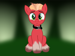 Size: 2750x2062 | Tagged: safe, artist:badumsquish, derpibooru exclusive, imported from derpibooru, sprout cloverleaf, earth pony, pony, abstract background, collar, cute, g4, g5, g5 to g4, high res, looking at you, male, my little pony: a new generation, simple background, sitting, smiling, solo, sproutbetes, stallion, unshorn fetlocks