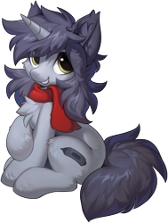 Size: 969x1280 | Tagged: safe, artist:hioshiru, imported from derpibooru, oc, oc only, oc:kate, pony, unicorn, derpibooru community collaboration, 2022 community collab, chest fluff, clothes, ear fluff, female, scarf, simple background, smiling, solo, stylus, transparent background