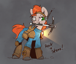 Size: 877x746 | Tagged: safe, artist:rexyseven, imported from derpibooru, oc, oc only, earth pony, pony, deep rock galactic, female, mare, mouth hold, pickaxe, solo