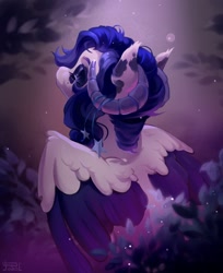 Size: 1224x1500 | Tagged: safe, artist:fedos, imported from derpibooru, oc, oc only, pegasus, pony, eyes closed, horns, jewelry, leaves, painting, ram horns, solo, spread wings, stars, wings