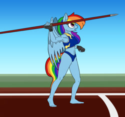 Size: 900x844 | Tagged: safe, artist:slamjam, imported from derpibooru, rainbow dash, anthro, plantigrade anthro, clothes, javelin, solo, sports bra