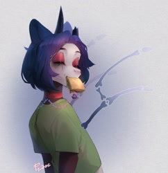 Size: 1984x2048 | Tagged: safe, artist:fedos, imported from derpibooru, anthro, unicorn, choker, clothes, food, makeup, sammich, sandwich, shirt, solo, t-shirt