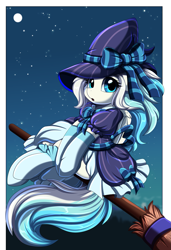 Size: 1749x2550 | Tagged: safe, artist:pridark, imported from derpibooru, oc, oc only, pegasus, pony, broom, flying, flying broomstick, hat, moon, solo, stars, witch hat