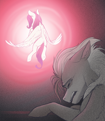 Size: 3711x4254 | Tagged: safe, artist:klarapl, imported from derpibooru, oc, oc only, oc:jordan, oc:serene peach, pegasus, pony, abstract background, crying, desaturated, facing away, female, flying, frown, grainy, lying down, lying on the ground, male, mare, open mouth, pink, sad, stallion