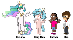 Size: 845x464 | Tagged: safe, imported from derpibooru, cozy glow, princess celestia, oc, oc:ned clancy, oc:patricia thompson, alicorn, anthro, human, pegasus, pony, goanimate, nerd, pencil in nose, pony joey, winged, winged human