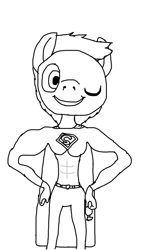 Size: 640x1136 | Tagged: safe, artist:php149, imported from derpibooru, applejack, anthro, app-el, cape, clothes, monochrome, one eye closed, solo, supermare, wink