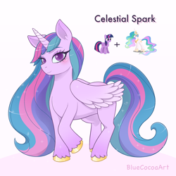 Size: 2048x2048 | Tagged: safe, artist:bluecocoaart, imported from derpibooru, princess celestia, twilight sparkle, alicorn, pony, colored hooves, colored wings, eye contact, fusion, fusion:celestial spark, gold hooves, gradient horn, gradient wings, high res, hooves, horn, looking at each other, looking at you, missing cutie mark, pastel, simple background, smiling, solo, sparkles, tail, twilight sparkle (alicorn), two toned mane, two toned tail, white background, wings