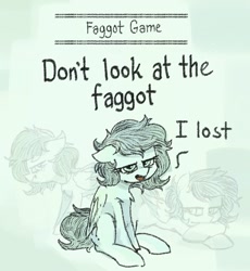Size: 702x762 | Tagged: safe, artist:plunger, imported from derpibooru, oc, oc:filly anon, pegasus, pony, annoyed, faggot, female, filly, race swap, slur, the game, vulgar