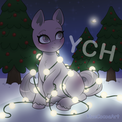 Size: 2048x2048 | Tagged: safe, artist:bluecocoaart, imported from derpibooru, firefly (insect), insect, pony, christmas, christmas lights, christmas tree, commission, high res, holiday, night, outdoors, smiling, snow, solo, tree, your character here