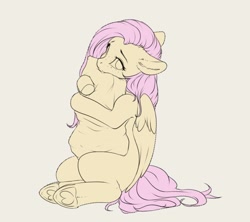 Size: 1027x910 | Tagged: safe, artist:miokomata, imported from derpibooru, fluttershy, pegasus, pony, colored, cute, female, flat colors, floppy ears, freckles, freckleshy, heart, hoof heart, hug, looking at you, mare, missing cutie mark, pillow, pillow hug, shyabetes, simple background, sitting, solo, wip
