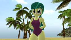 Size: 1920x1080 | Tagged: safe, artist:mr.uberrebu25, imported from derpibooru, juniper montage, equestria girls, 3d, beach, beach babe, breasts, busty juniper montage, clothes, hands behind back, leotard, one-piece swimsuit, purple swimsuit, solo, stupid sexy juniper montage, swimsuit, thighs