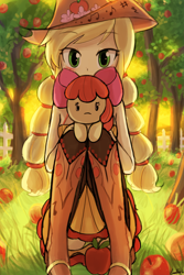 Size: 2000x3000 | Tagged: safe, artist:lumineko, apple bloom, applejack, pony, equestria girls, apple, boots, female, food, grass, orchard, shoes