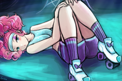Size: 1125x750 | Tagged: safe, artist:lumineko, pinkie pie, human, equestria girls, looking at you, lying down, roller skates