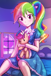 Size: 2000x3000 | Tagged: safe, artist:lumineko, rainbow dash, scootaloo, equestria girls, alternate hairstyle, bed, blushing, bow, clothes, cute, dress, female, hair bow, jewelry, looking at you, ponytail, schrödinger's pantsu, solo