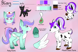Size: 2101x1422 | Tagged: safe, artist:stitched-imp, imported from derpibooru, oc, oc only, oc:ayelet, oc:blissy, changeling, deer, pegasus, :p, bow, chest fluff, cloven hooves, fangs, fluffy tail, glasses, hat, heart shaped hooves, mane bow, misspelling, nurse hat, piebald colouring, pride, pride flag, reference sheet, simple background, tail, tail bow, tongue out, transgender pride flag